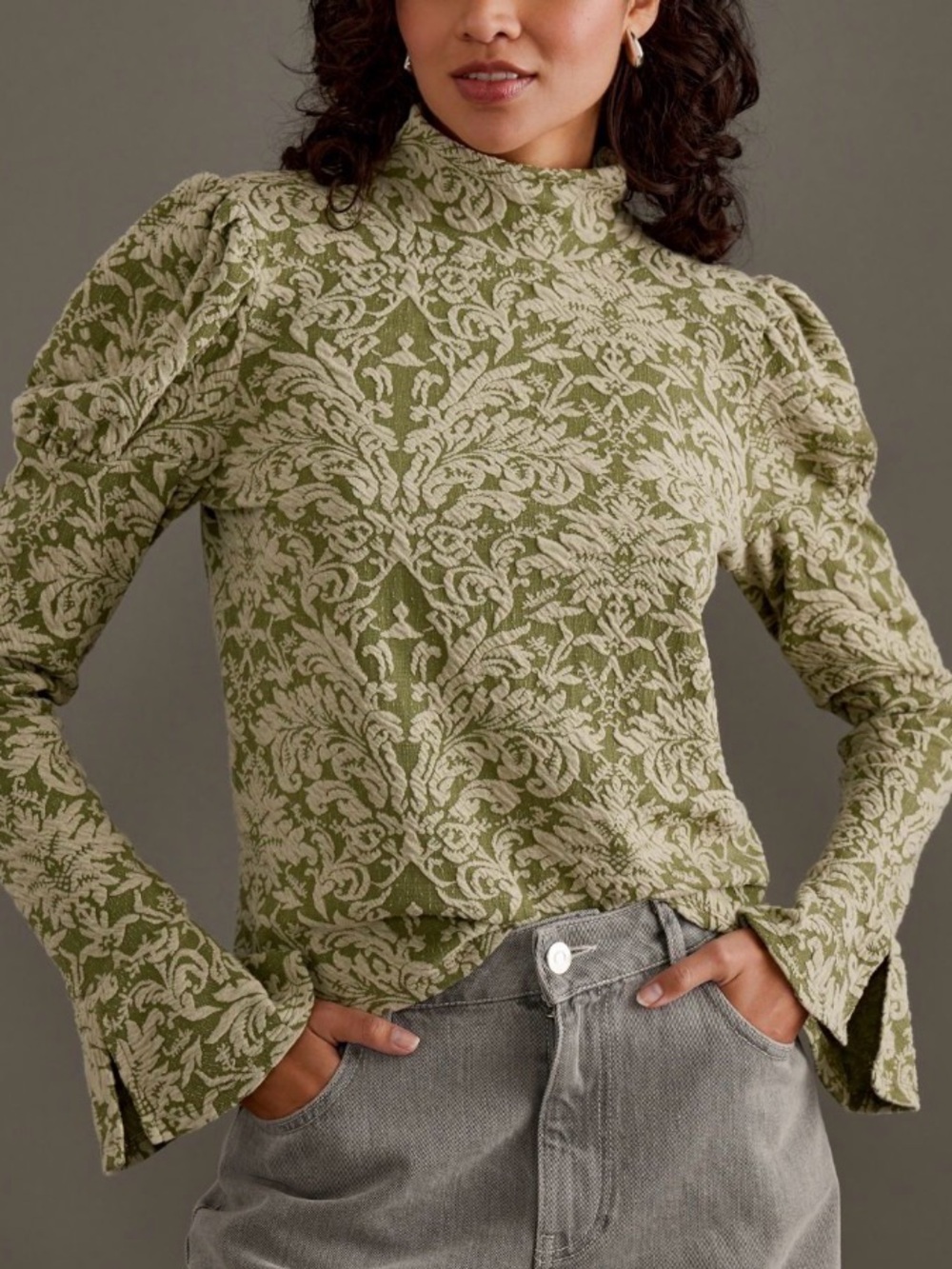 Anthropologie Puff-Sleeve Turtleneck Jacquard Top NWT Green Jacquard Knit L